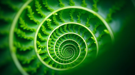 Close Up of Spiral Fern Fronds in Perfect Fibonacci Spiral, Lush Green Nature Backgroundの素材