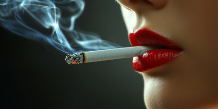 Close Up of Young Woman with Red Lipstick Smoking a Cigarette Against Black Backgroundの素材