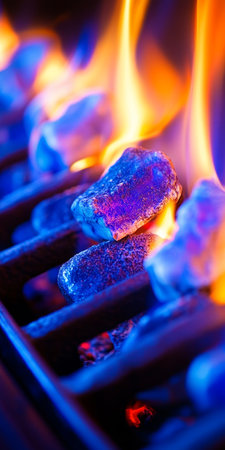 Vivid Blue Flames Dance and Flicker Over Hot Coals, Creating Abstract Patterns of Light and Heatの素材