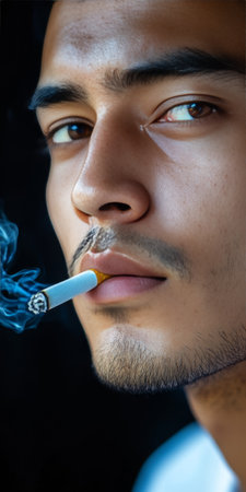 Close-Up Portrait of a Young Man with a Cigarette, Moody Lighting against a Black Backgroundの素材