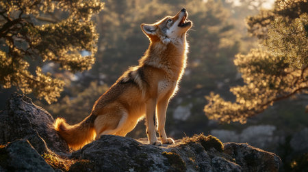 Lone Wolf Howling at Sunset in the mountains A Silhouette of Canine Majesty With Golden Lightの素材