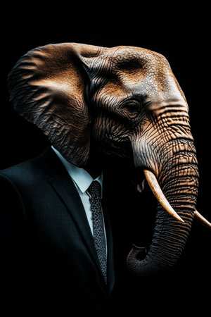 Elephant in a Suit Surreal Corporate Power on a Black Background. Concept Render, 3d Illustrationの素材