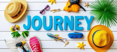 Journey Word Spelled With Blue Letters And Travel Accessories On A White Wooden Backgroundの素材