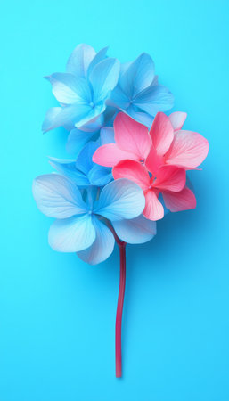 Colorful hydrangea flowers Blue and pink flora on a vivid blue background with copy space.の素材
