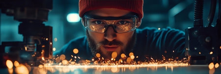 Focused Craftsman Observes Automated Machinery in Action, Sparks Fly, Industrial Workshop Sceneの素材