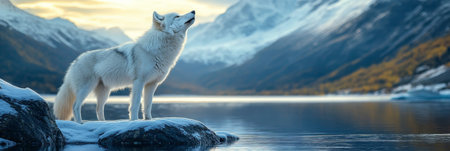 White Wolf Howling at Sunset, Majestic Mountain Lake Landscape, Winter Wildlife Portraitの素材