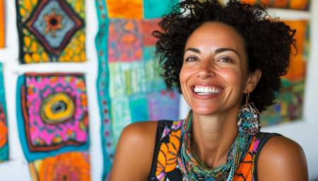 Radiant Young Woman, Vibrant Artwork, Authentic Smile, Joyful Expression. Creativity, Positivity.の素材