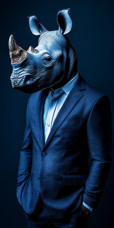 Rhino in a Suit Anthropomorphic Portrait on Dark Background, Animal Human Blend, Conceptual Artの素材