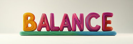 Balance Concept. Vibrant 3D Text On Stack Of Multicolored Objects, Health And Mindfulnessの素材