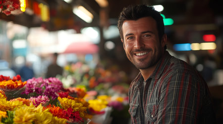 Smiling Flower Shop Owner with Colorful Bouquets, Bright and Cheerful Florist Businessの素材