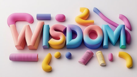 3D Colorful Clay Art Rendering of the Word WISDOM on a White Background, Typography Designの素材