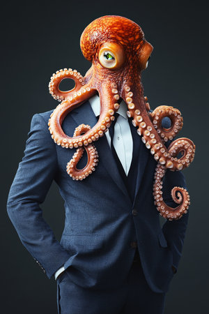 Anthropomorphic Octopus in a Suit, Isolated Business Professional on a Dark Backgroundの素材