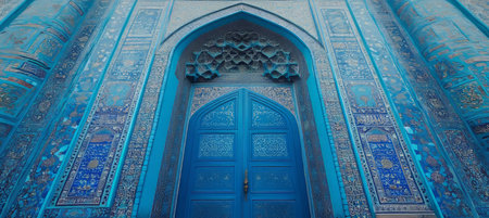 Intricate Floral Ornamentation Arches Over Turquoise Doorway of Islamic Mosque in Isfahan, Iranの素材