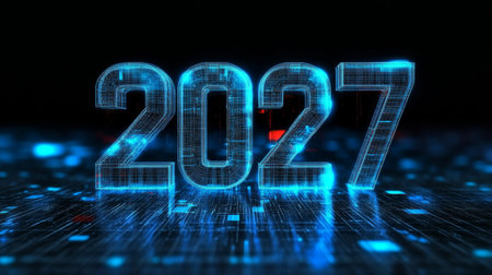 Futuristic Glowing 2027 Digital Year Representation on Abstract Circuit Board, Technology Conceptの素材