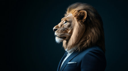 Majestic Lion Man in Formal Suit Portrait, Anthropomorphic Concept on Black Backgroundの素材