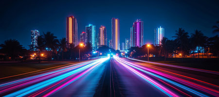 Vibrant City Skyline at Night, Featuring Long Exposure Light Trails and Illuminated Skyscrapersの素材