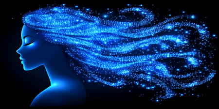 Glowing Blue Profile of a Woman s Head with Flowing, Sparkling Hair on a Dark Backgroundの素材