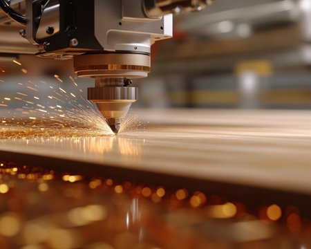 CNC Router in Action Precision Cutting and Engraving on Wood Material, Creating Sparksの素材