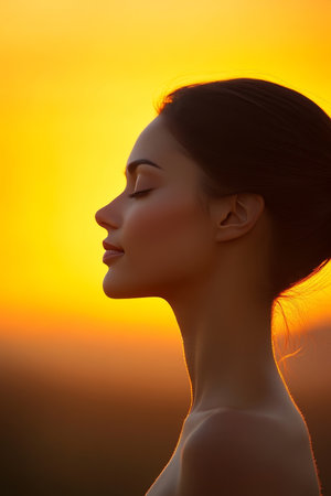 Serene Woman at Sunset Profile of Tranquil Female with Closed Eyes Embracing Golden Hour Light.の素材