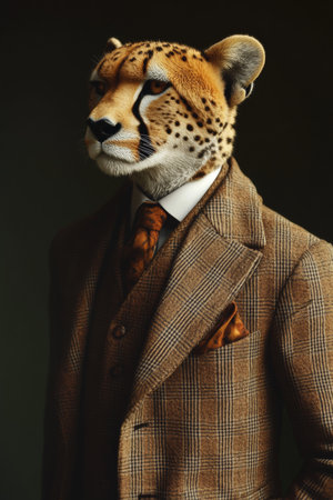 Sophisticated Cheetah in Tweed Suit and Tie Portrait Anthropomorphic Concept on Dark Backgroundの素材