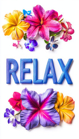 Vibrant Relax Word Art with Colorful, Photorealistic Floral Letters on Pure White Backgroundの素材
