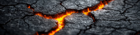 Cracked Earth Surface, Glowing Lava, Dark Grey Rock, High Contrast, Vivid Colors, Macroscopic View.の素材