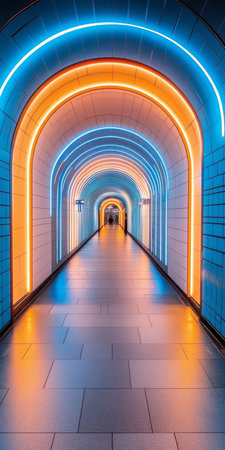 Futuristic Tunnel, Glowing Blue, Orange Neon Lights, Perspective View, Architecture, Designの素材