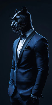 Mysterious Elegance A Panther in a Men s Suit on a Black Background. Anthropomorphic Animal.の素材