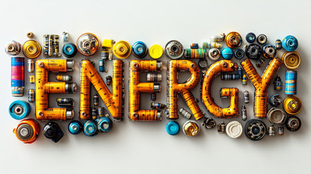Energy Spelled with Electrical Components, Batteries, and Circuitry on White Background.の素材
