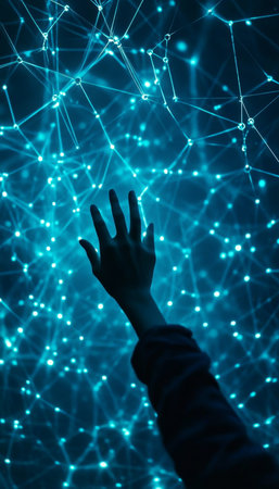 Hand Interacting With Connected Nodes And Lines On Glowing Network, Big Data Concept.の素材