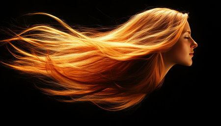 Young Woman with Long, Flowing, Shiny Auburn Hair on a Black Background, Beauty and Haircareの素材