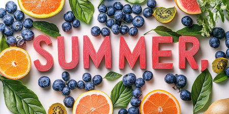 Summer Fruits Background, Vibrant Arrangement of Seasonal Produce With Berries, Citrus and Kiwisの素材