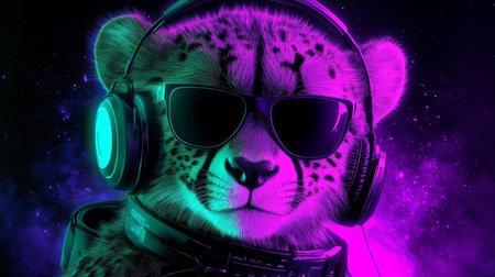 Neon Party Cheetah DJ A Cool Feline With Headphones, Sunglasses, and a Galaxy Backgroundの素材