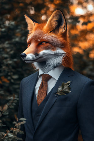 Fox in Suit, Anthropomorphic Portrait, Animal Human Blend Against a Dark, Natural Backgroundの素材