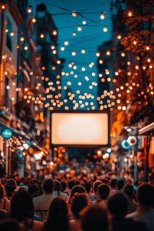 Outdoor Cinema Magic Summer Night, Festive Lights, And A Crowd Captivated By The Big Screenの素材