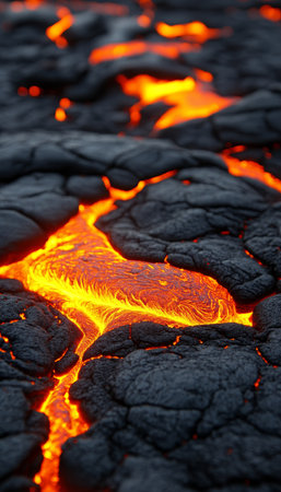 Vivid Orange Rivers of Molten Lava Flowing Through Black Volcanic Rock, Extreme Close Up Detail.の素材