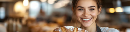 Woman With Smile Holding Freshly Baked Bread,Flour Dust On Apron Inside Bakery Showing Passionの素材