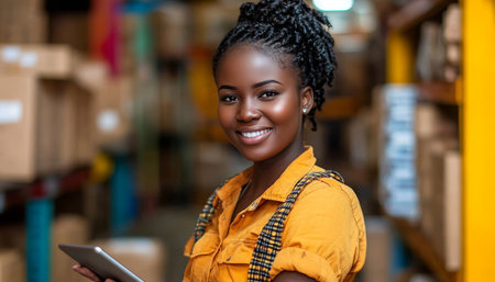 Confident Female Worker Uses Digital Tablet for Inventory Management in Vibrant Warehouseの素材