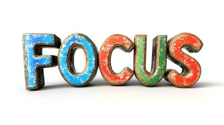 Vibrant, Multicolored, Distressed Letters Spelling Focus Isolated on a White Backgroundの素材