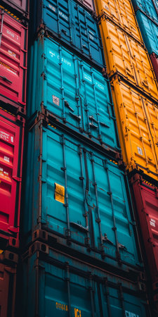 Stacked Shipping Containers, A Brightly Colored Display Representing Global Commerce And Logisticsの素材