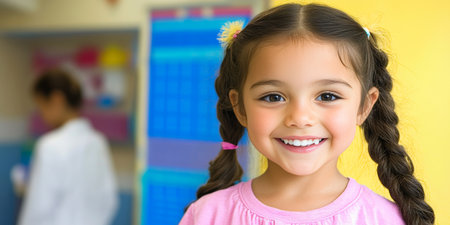 Happy Little Girl With Braids Smiling at the Camera, Portrait in a Vibrant Classroom Settingの素材