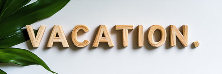 Vacation Wooden Letters With Tropical Leaves Summer Time Relaxation Wellbeing Conceptの素材