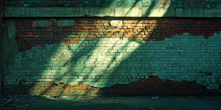 Distressed Brick Wall With Teal Paint Abstract Grunge Background With Dramatic Shadows And Lightingの素材
