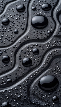 Dark Liquid Reflections Abstract Wavy Texture with Water Drops, Background for Technologyの素材