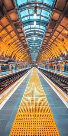 Empty Train Station with Yellow Platform and Curved Ceiling Structure. Geometric Perspectiveの素材