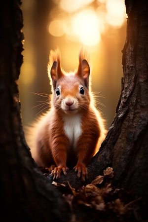 Curious Red Squirrel on a Tree, Autumn Wildlife Portrait, Furry Animal Close Up in Natureの素材