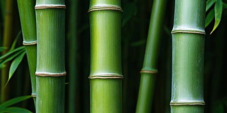 Close-up view of oriental nature background, fresh vivid nascent emerald green bamboo wood trunksの素材