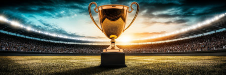 Golden Trophy on Pedestal in Packed Stadium Under Lights during Championship Celebration.の素材