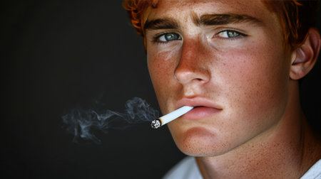 Close Up, Young Man with Freckles Smoking Cigarette, Dramatic Lighting on Black Backgroundの素材