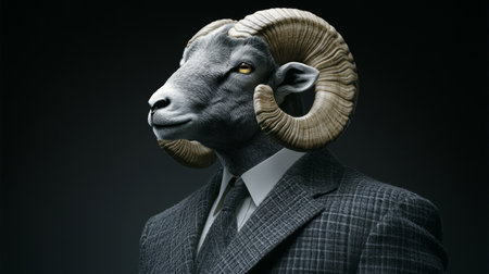Ram in a Suit Anthropomorphic Portrait on Dark Background, Animal Human Hybrid Conceptの素材